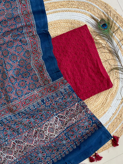 Cotton Hakoba top with Ajrakh print natural dyed dupatta (unstitched)