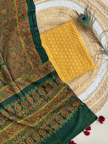 Cotton Hakoba top with Ajrakh print natural dyed dupatta (unstitched)