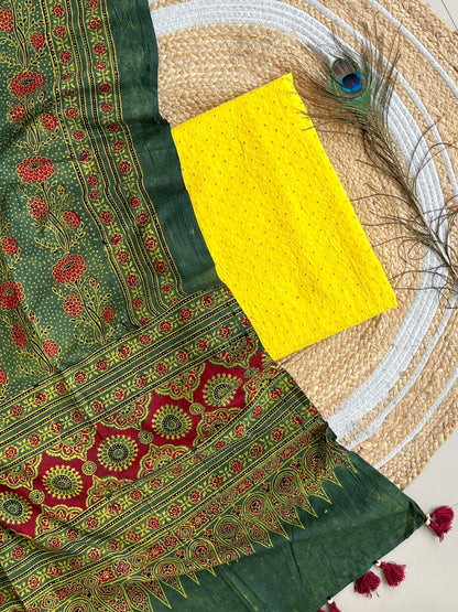Cotton Hakoba top with Ajrakh print natural dyed dupatta (unstitched)